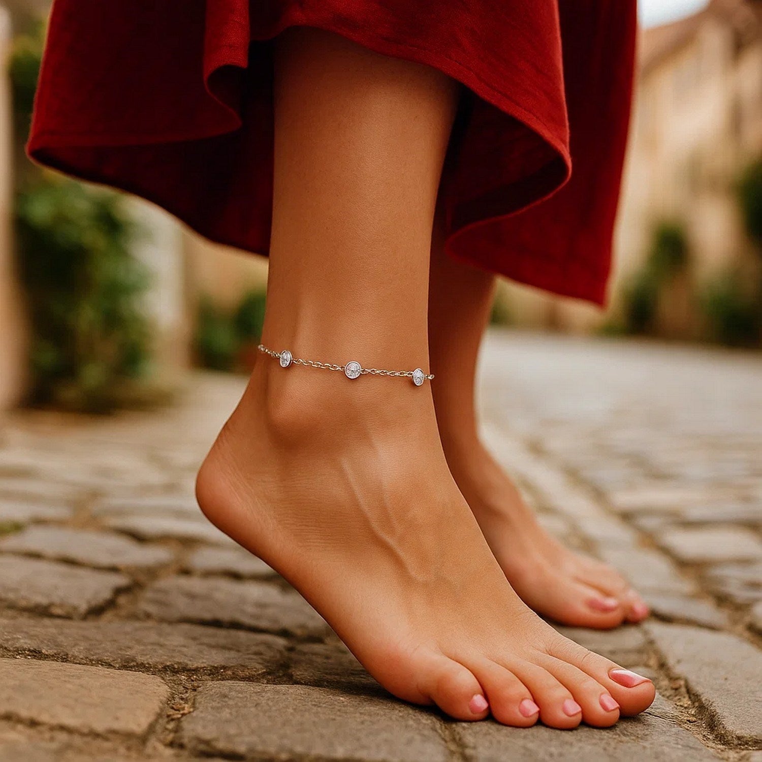 14k White Gold Anklet with Round White Cubic Zirconia