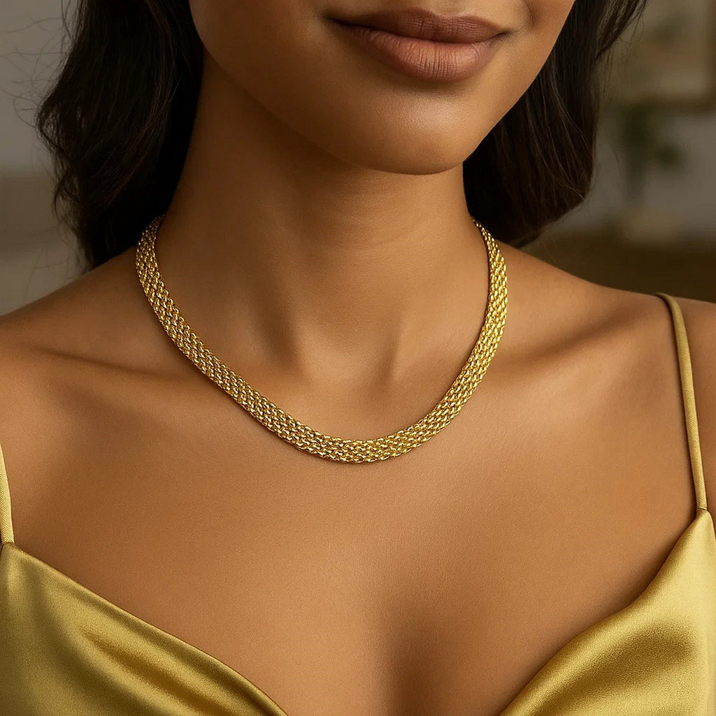 14k Yellow Gold Fancy Polished Multi-Row Panther Link Necklace