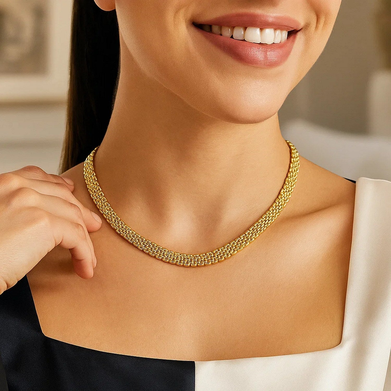 14k Yellow Gold Fancy Polished Multi-Row Panther Link Necklace