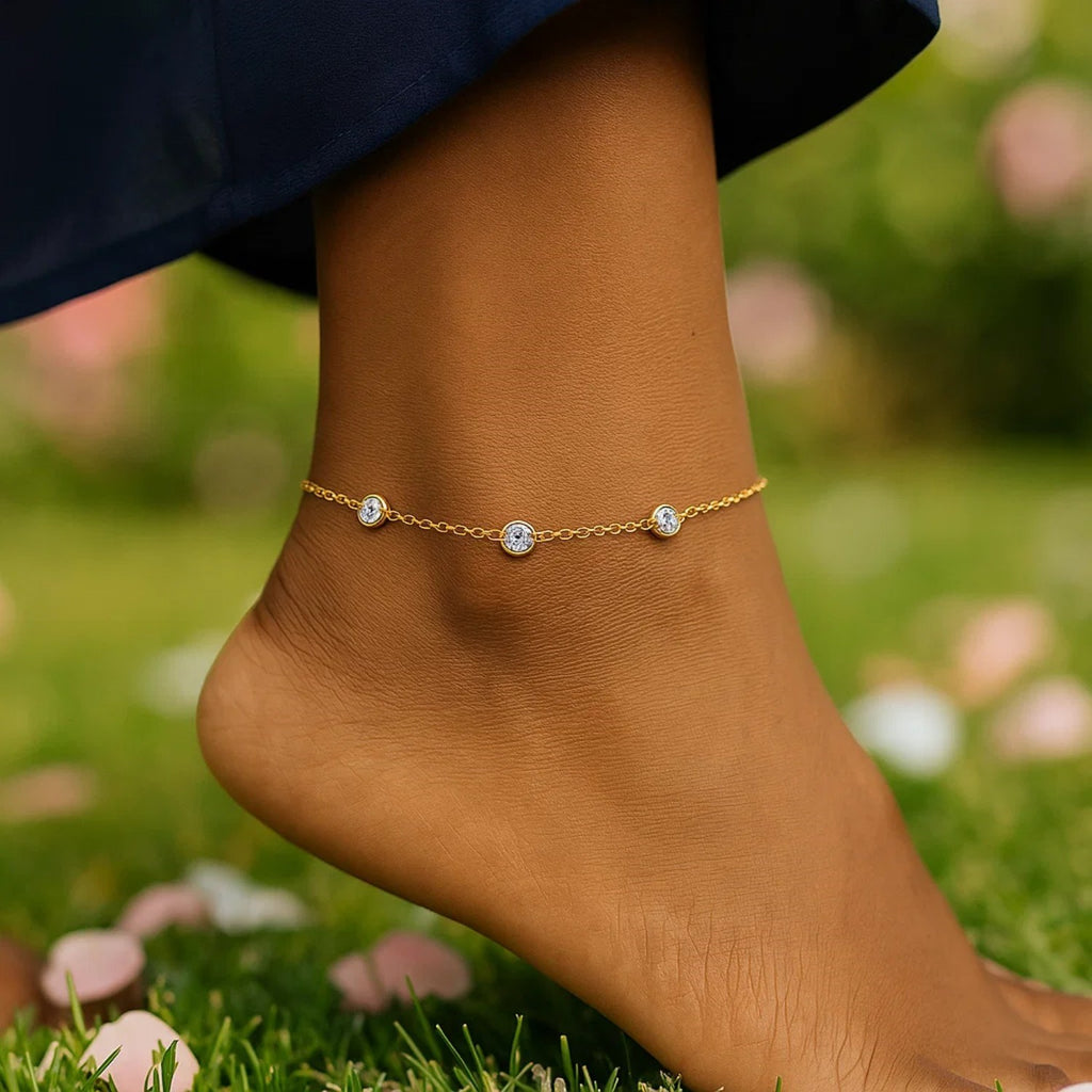 14k Yellow Gold Anklet with Round White Cubic Zirconia