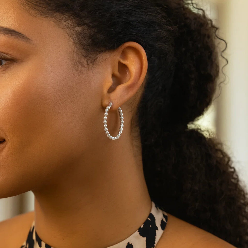 Sterling Silver Small Bead Hoop Earrings