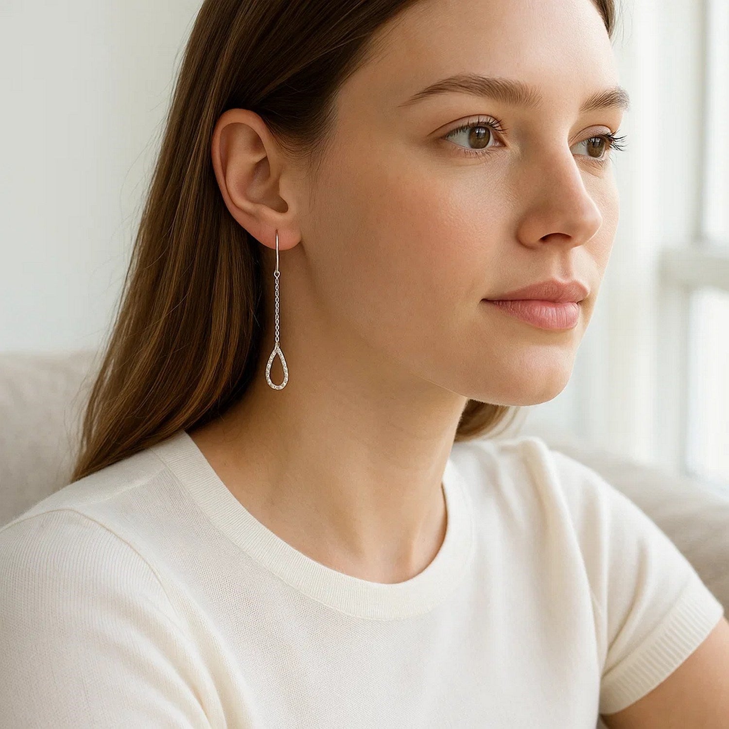 Textured Pear Shaped Long Drop Earrings in 14k White Gold