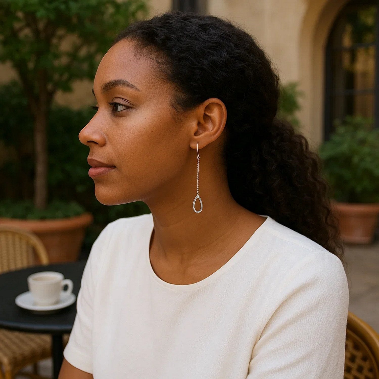 Textured Pear Shaped Long Drop Earrings in 14k White Gold