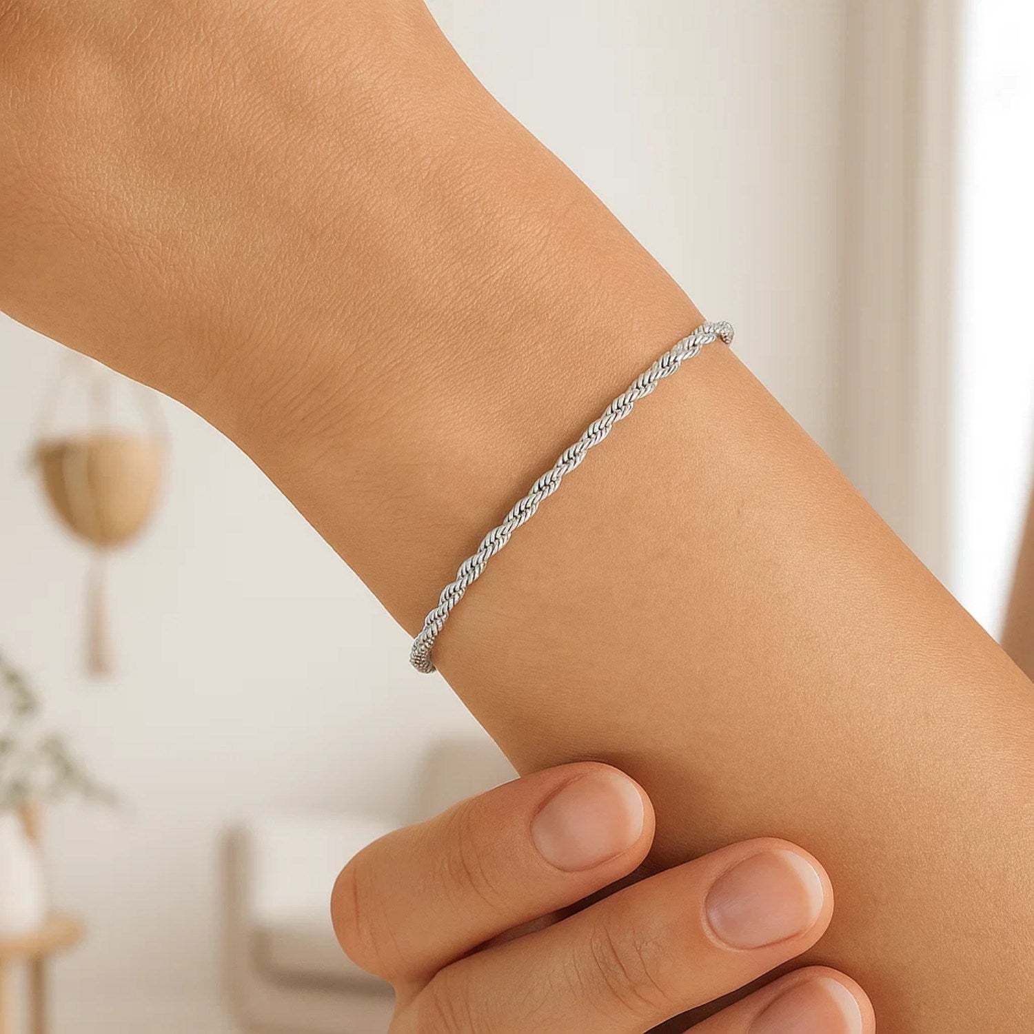 14k White Gold Solid Diamond Cut Rope Bracelet (2.00 mm)