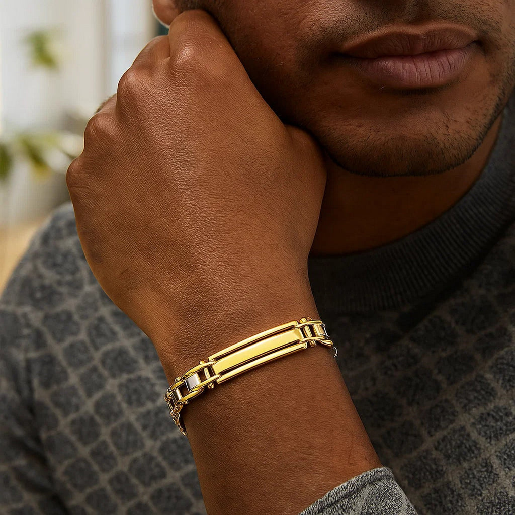 14k Two-Tone Gold Fancy Bar Style Mens Bracelet with Curved Connectors (9.65 mm)