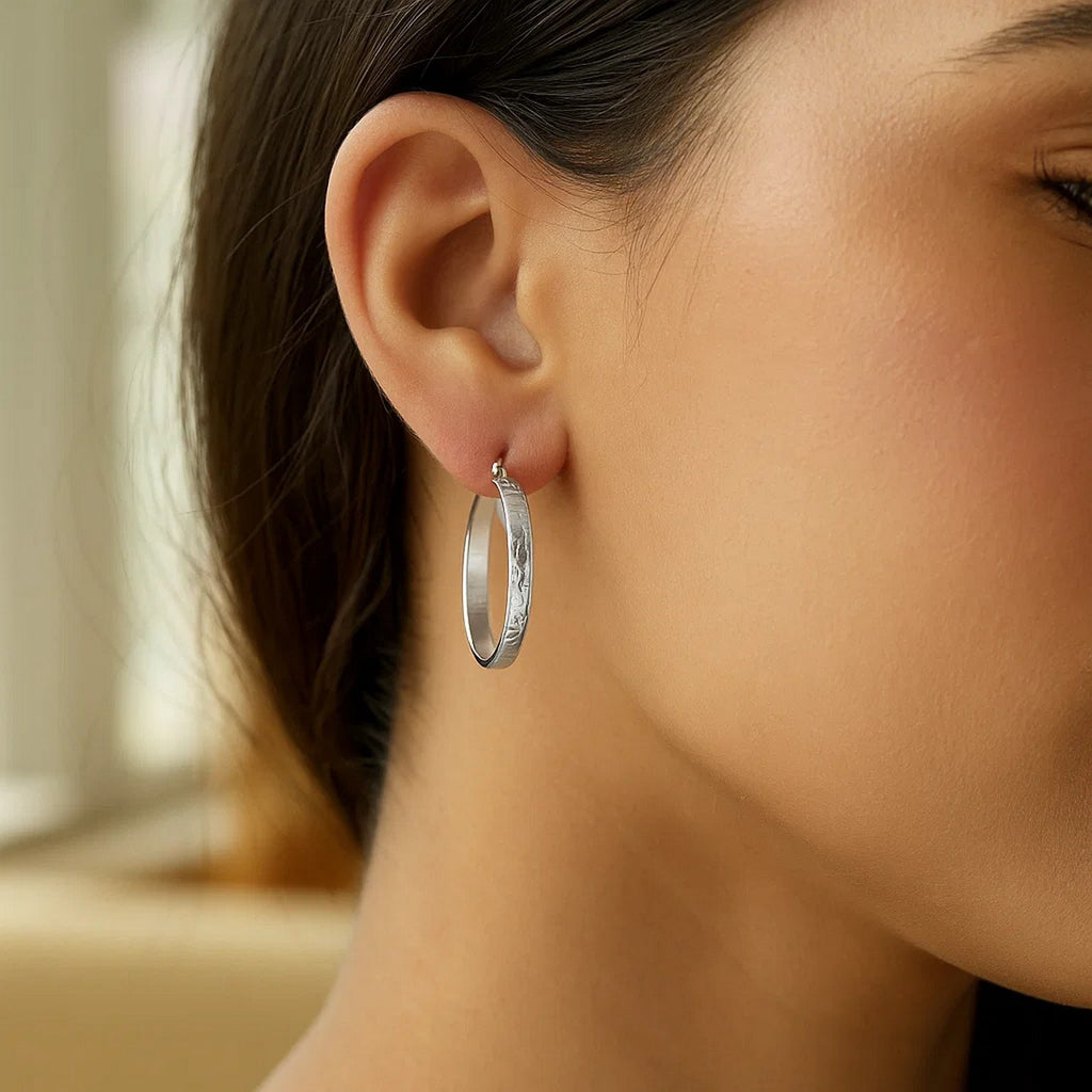 Sterling Silver Hammered Style Hoop Earrings with Rhodium Plating (4x30mm)