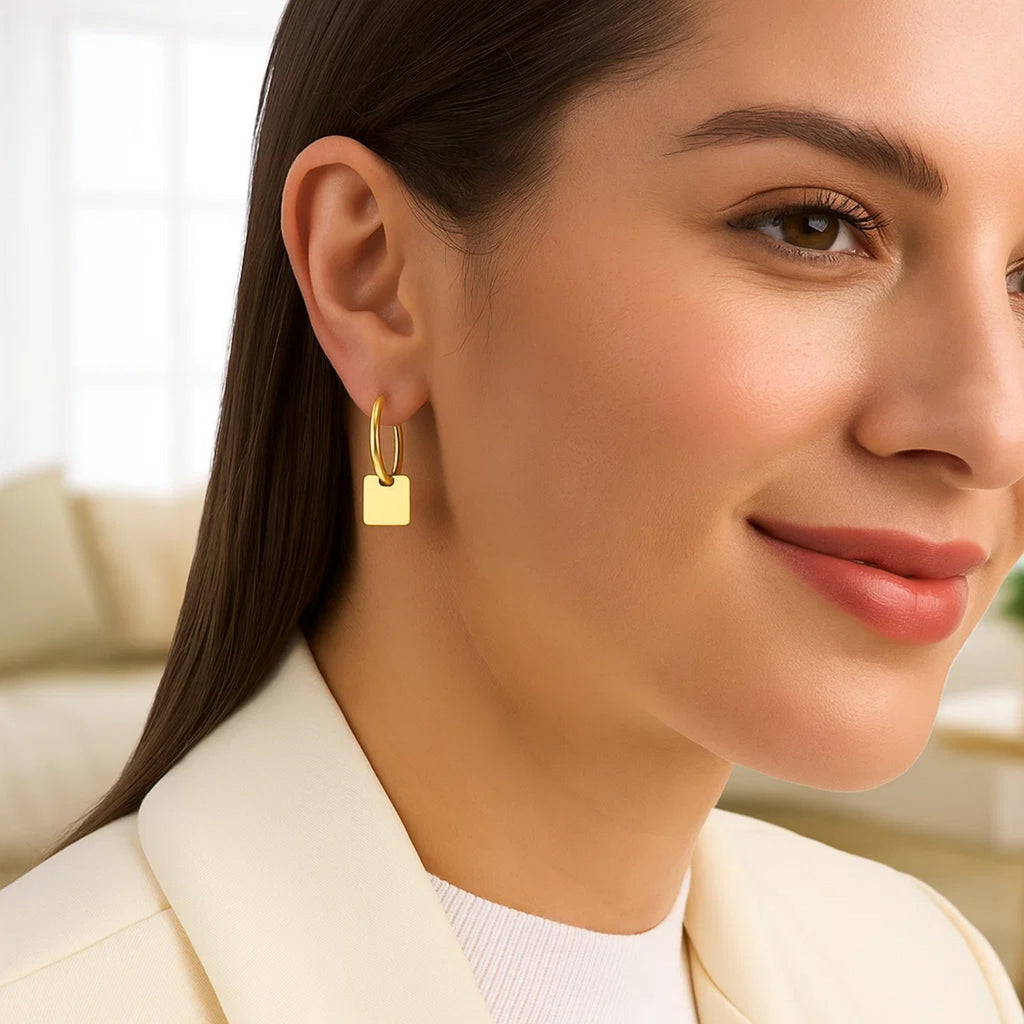 14k Yellow Gold Huggie Style Hoop Earrings with Square Drops