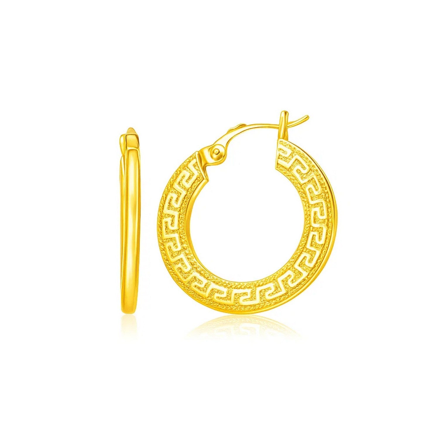 14k Yellow Gold Greek Key Medium Hoop Earrings with Flat Sides