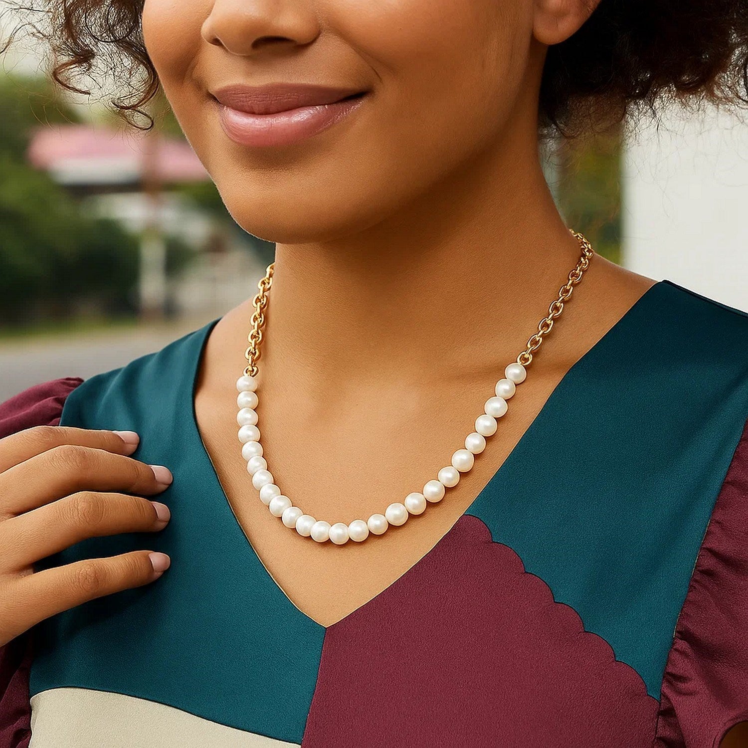 14k Yellow Gold Oval Chain Necklace with Pearls