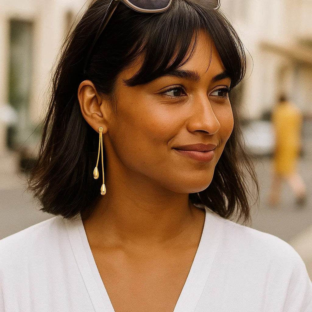 14k Yellow Gold Double Drop Long Earrings