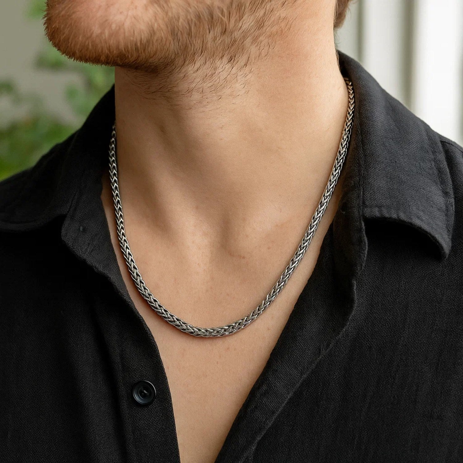 Oxidized Sterling Silver Wheat Style Chain Men's Necklace