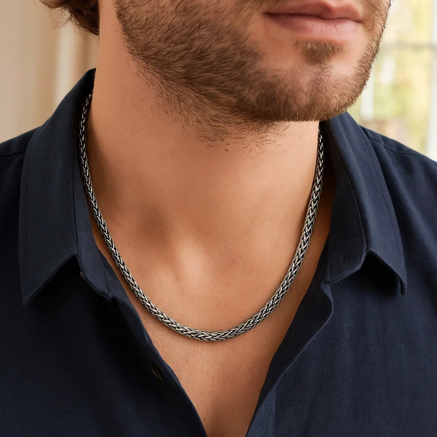 Oxidized Sterling Silver Wheat Style Chain Men's Necklace