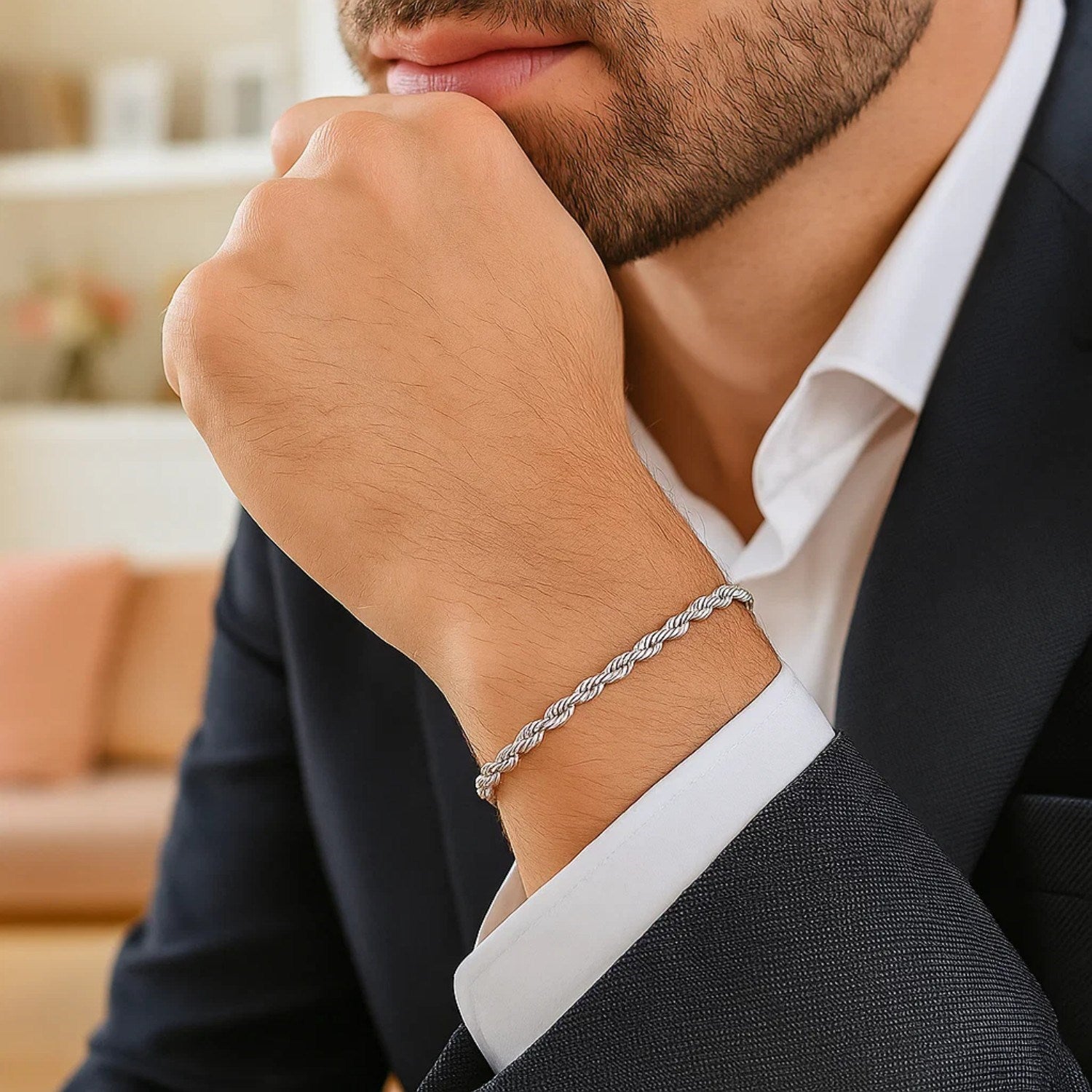 14k White Gold Solid Diamond Cut Rope Bracelet (3.00 mm)