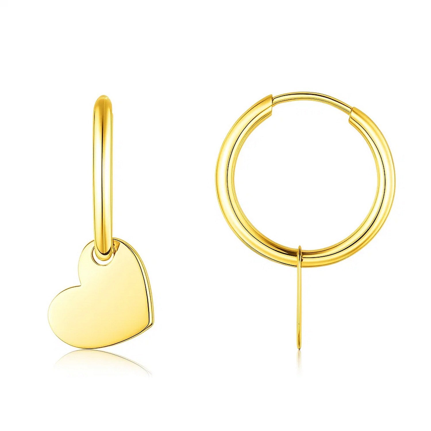 14K Yellow Gold Hoop Polished Earrings with Hearts