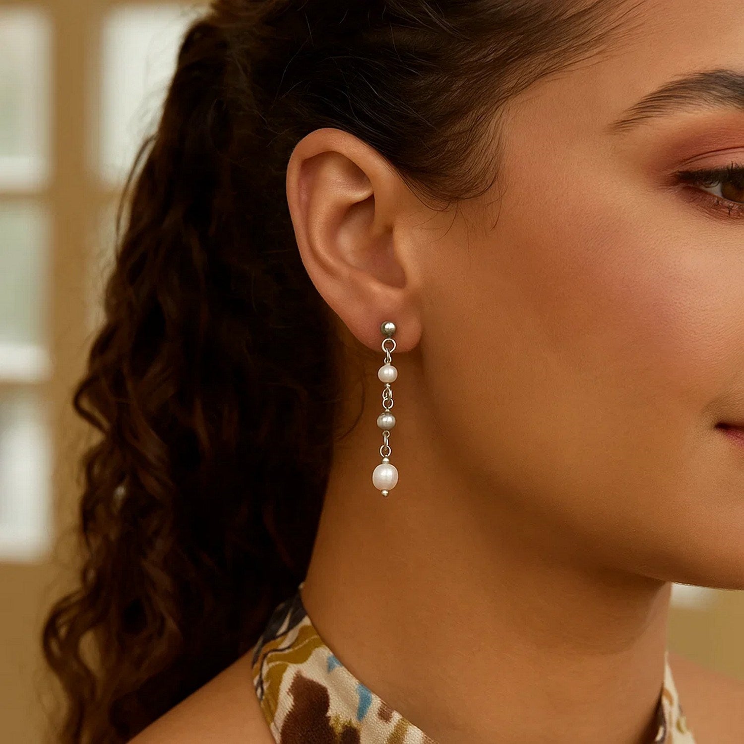 Sterling Silver Freshwater Pearl Bead Drop Earrings