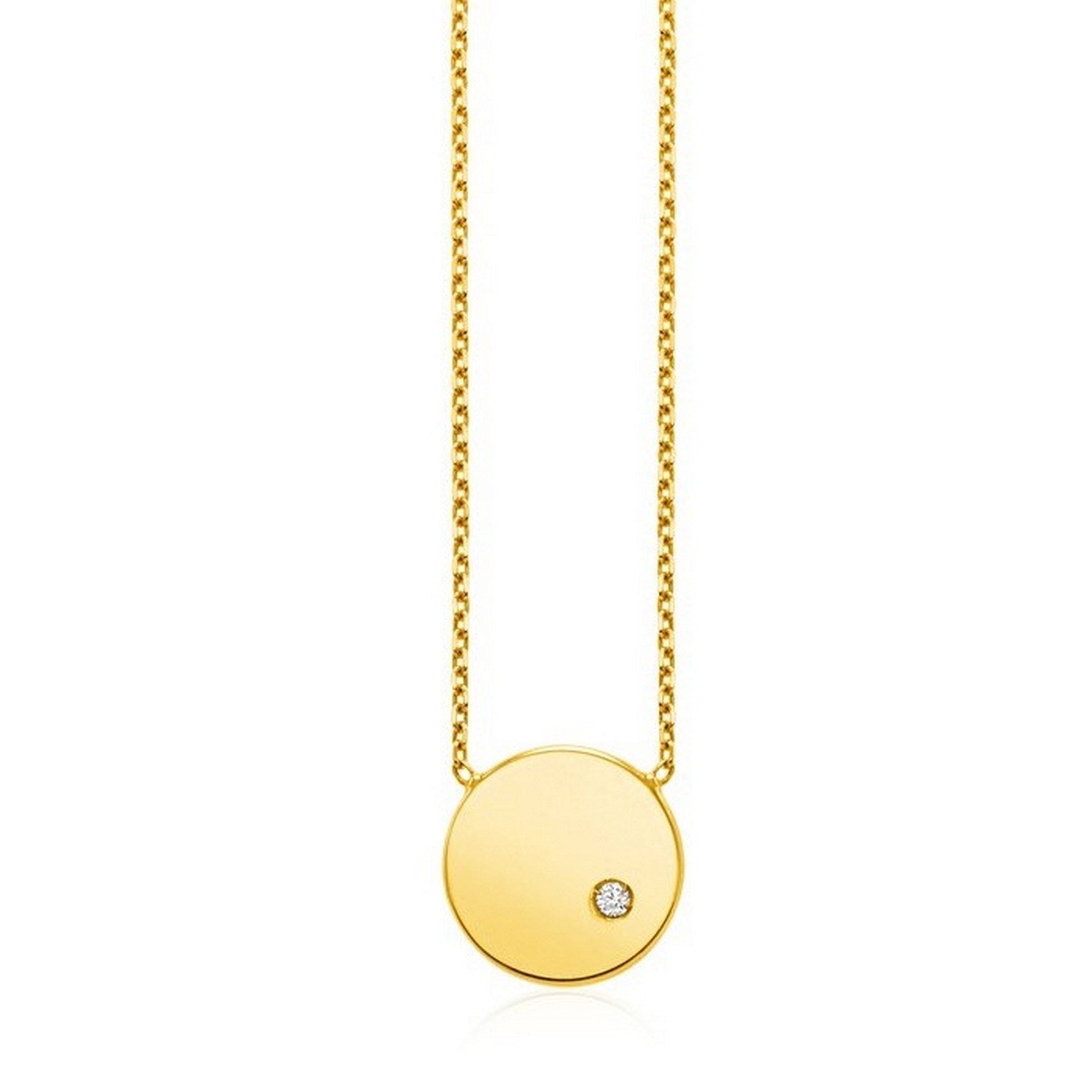 14k Yellow Gold Necklace with Polished Round Pendant with Diamond