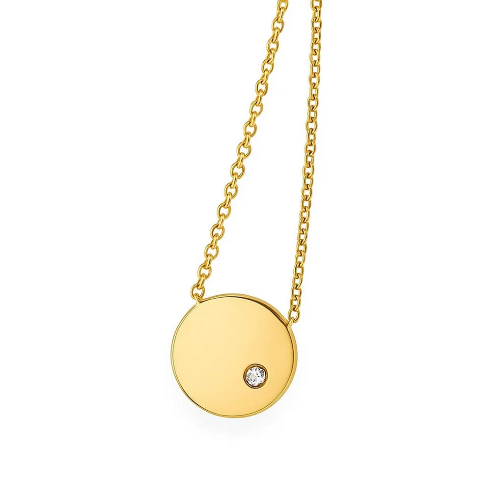 14k Yellow Gold Necklace with Polished Round Pendant with Diamond