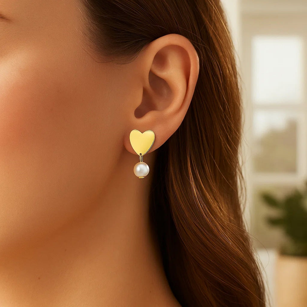 Heart and Pearl Drop Stud Earrings in 14K Yellow Gold