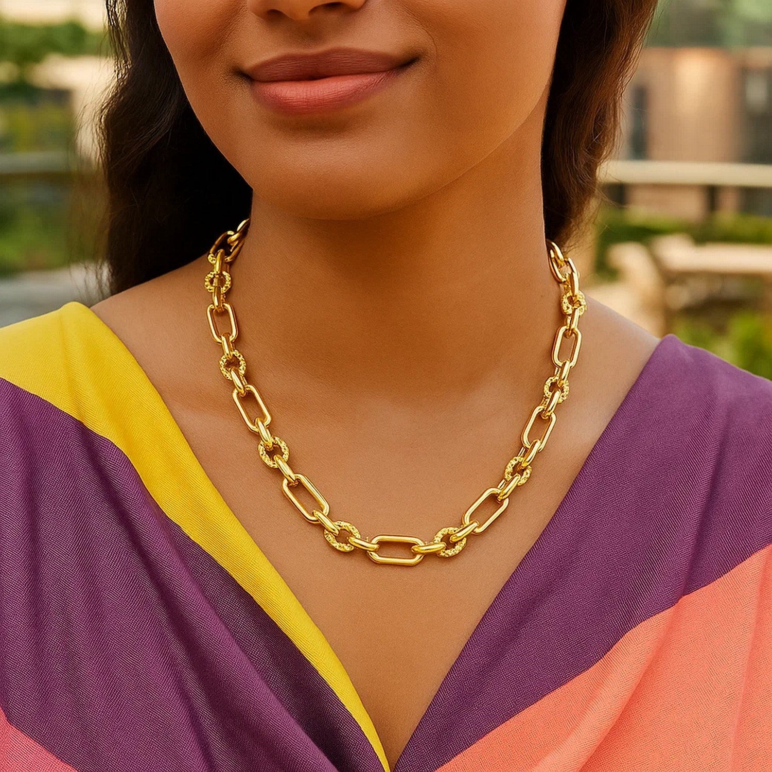 Rounded Rectangular Link Necklace with Textured Round Links in 14k Yellow Gold