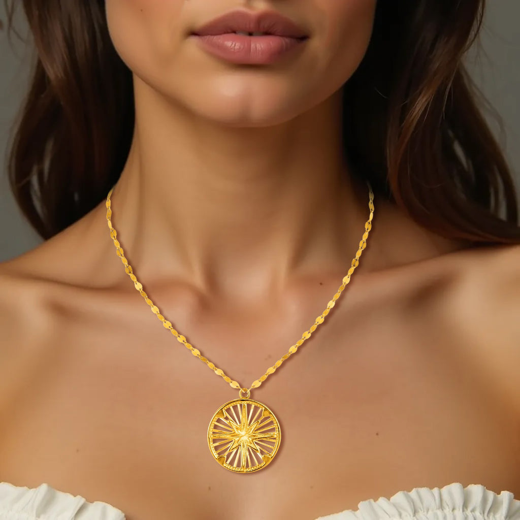 14k Yellow Gold Necklace with Compass Pendant