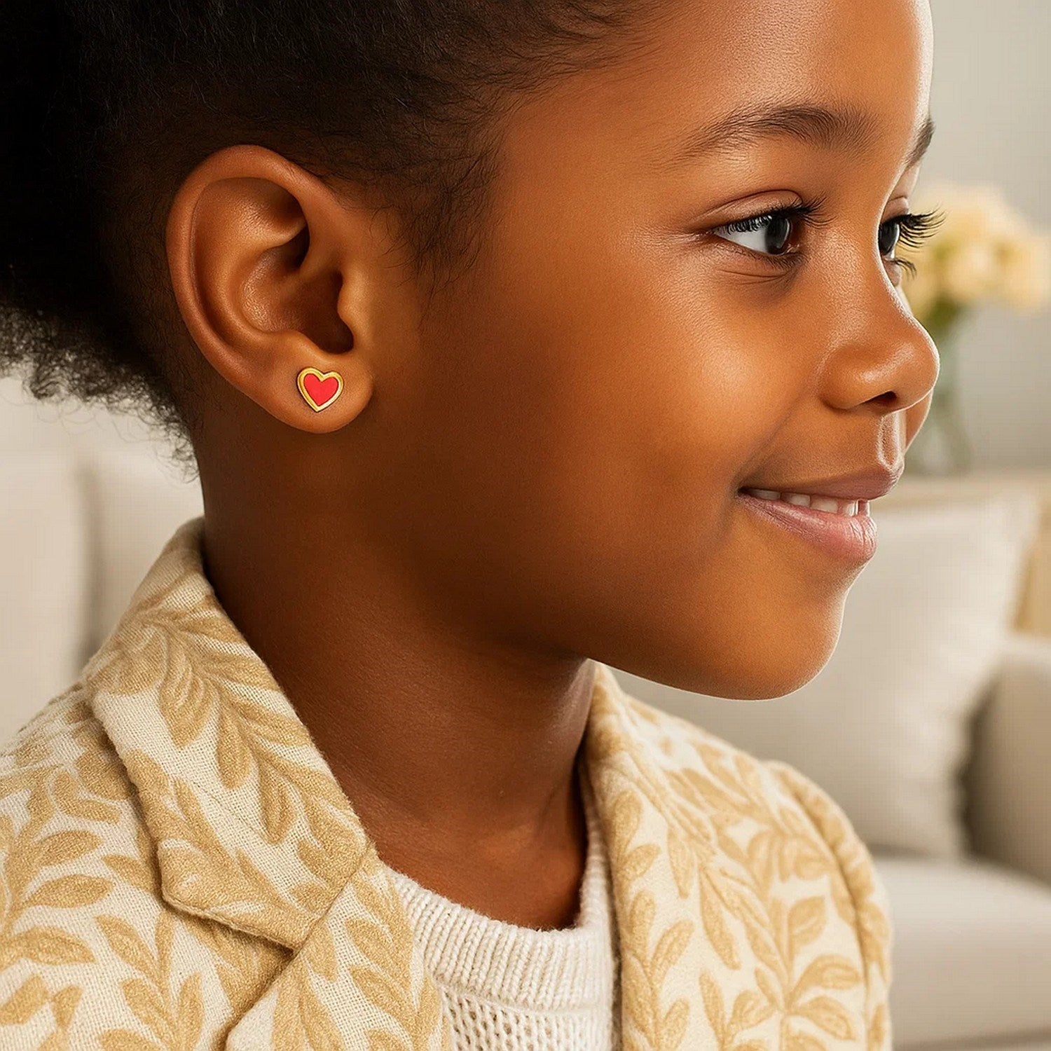 14k Yellow Gold and Enamel Red Heart Stud Earrings