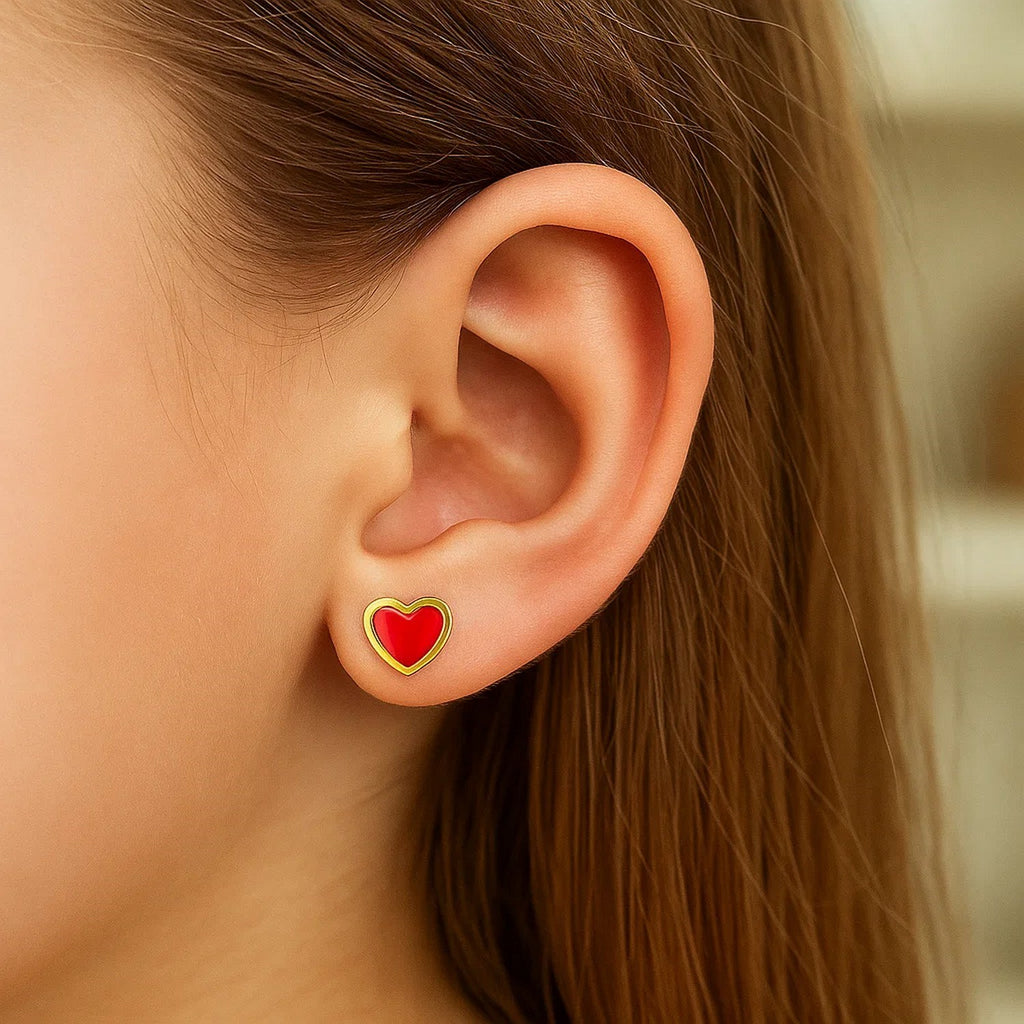 14k Yellow Gold and Enamel Red Heart Stud Earrings