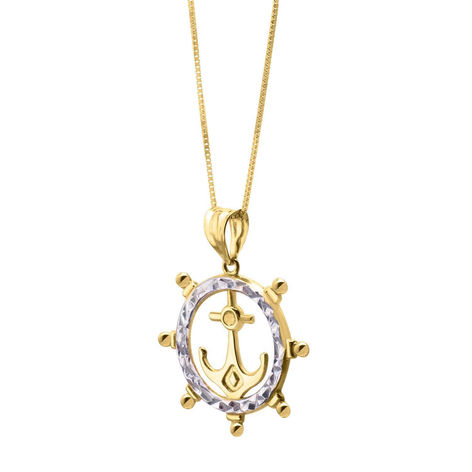 Ships Wheel Anchor Necklace in 10K Yellow Gold