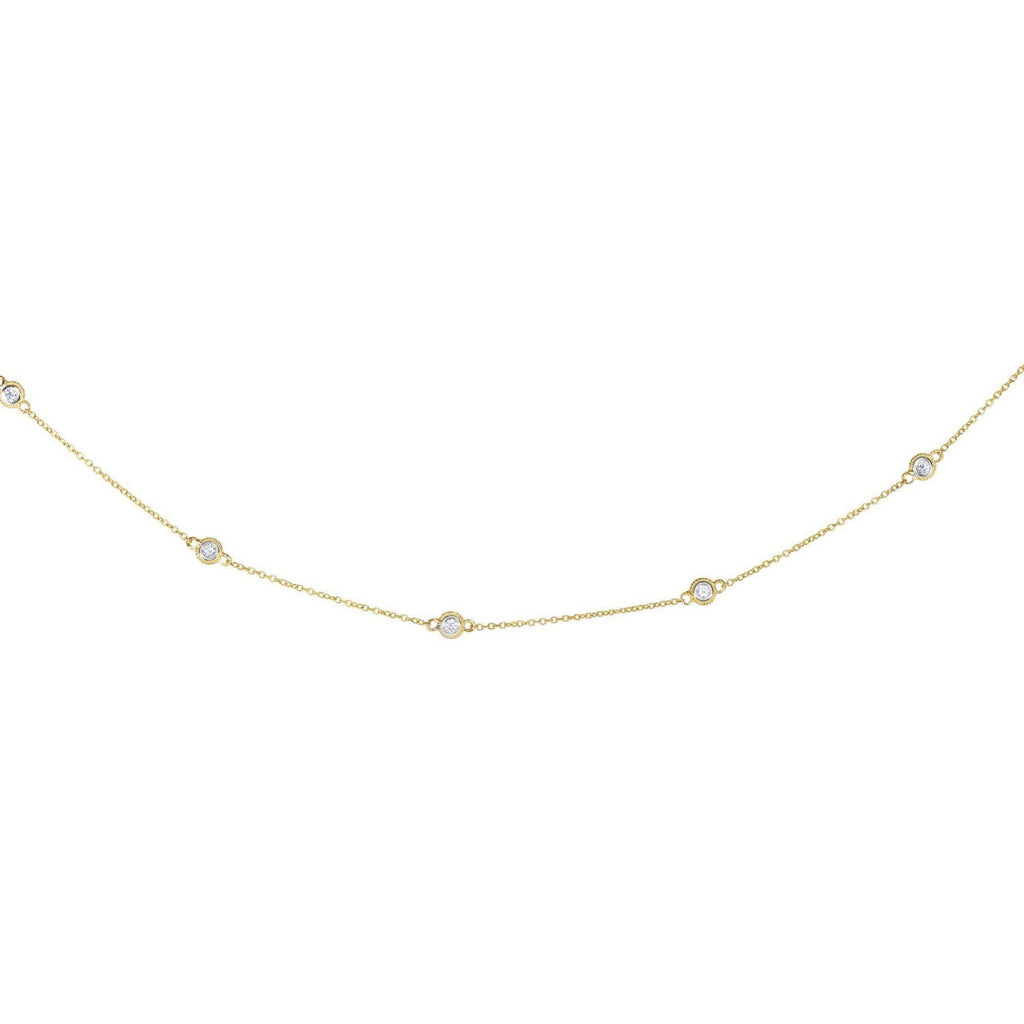 14k Yellow Gold Station Necklace with Round Diamonds