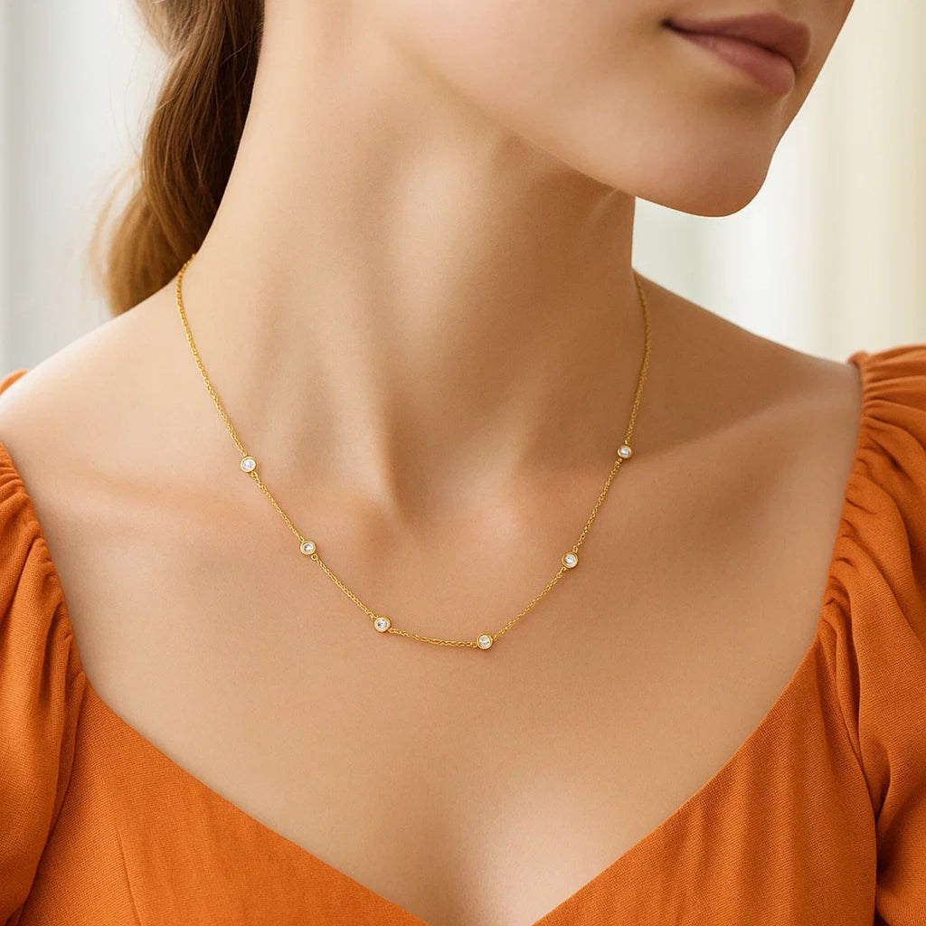 14k Yellow Gold Station Necklace with Round Diamonds