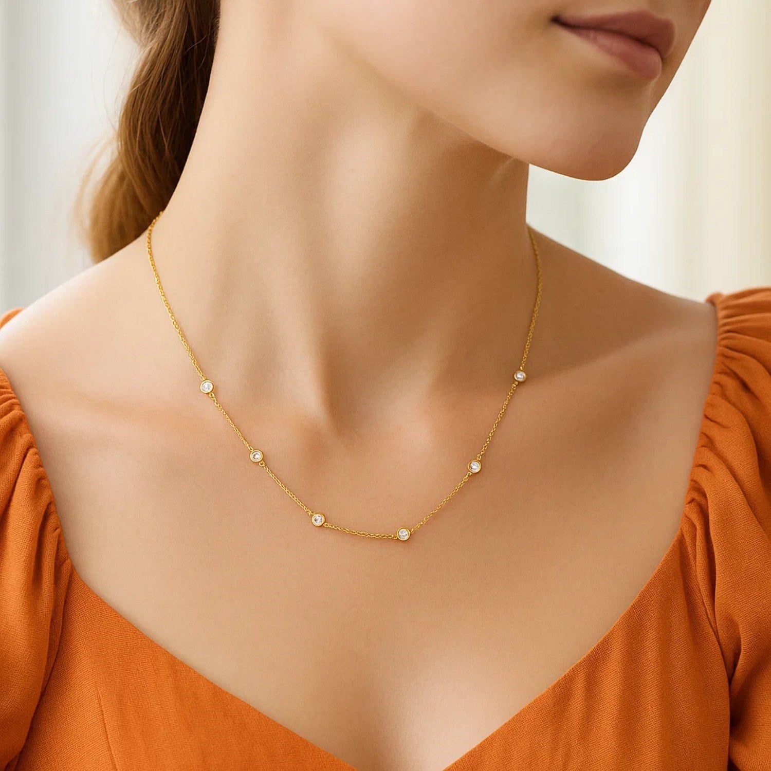 14k Yellow Gold Station Necklace with Round Diamonds