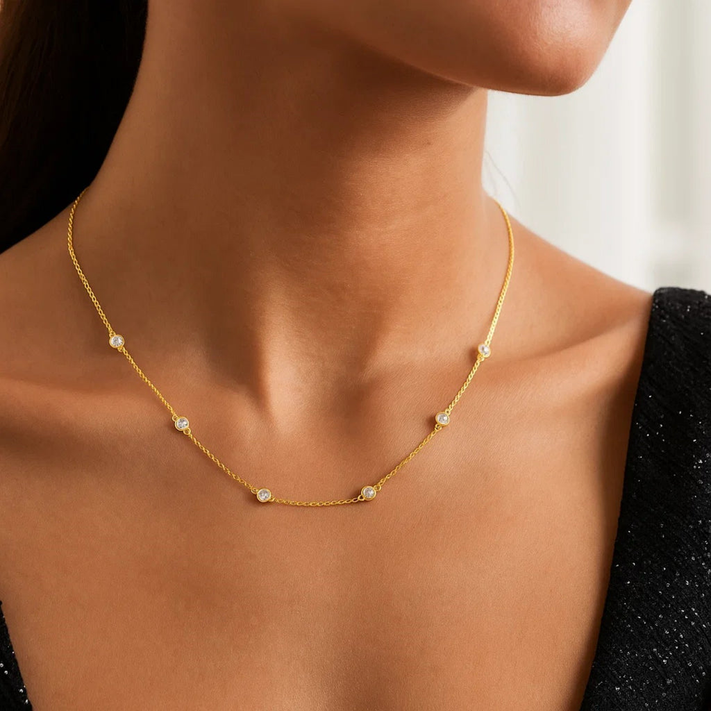 14k Yellow Gold Station Necklace with Round Diamonds