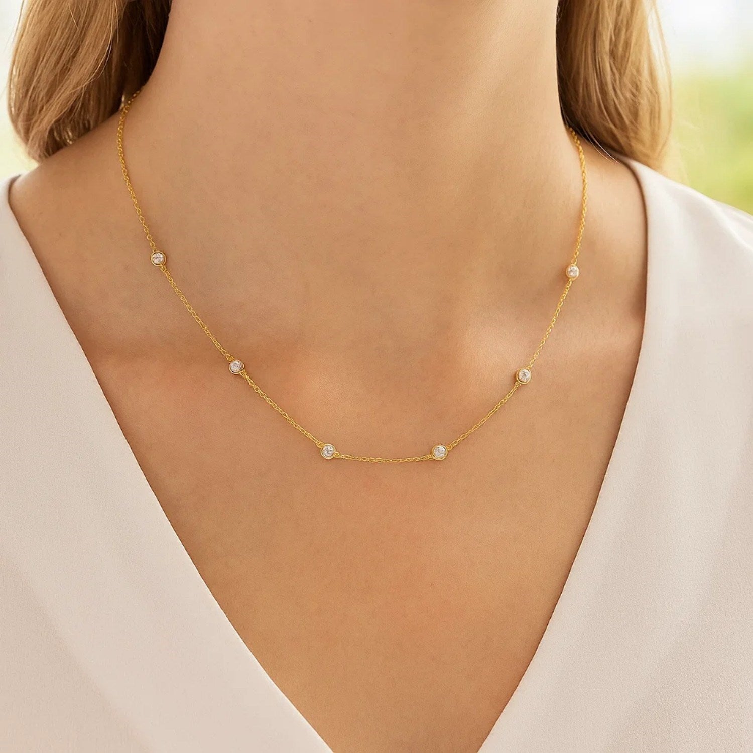 14k Yellow Gold Station Necklace with Round Diamonds