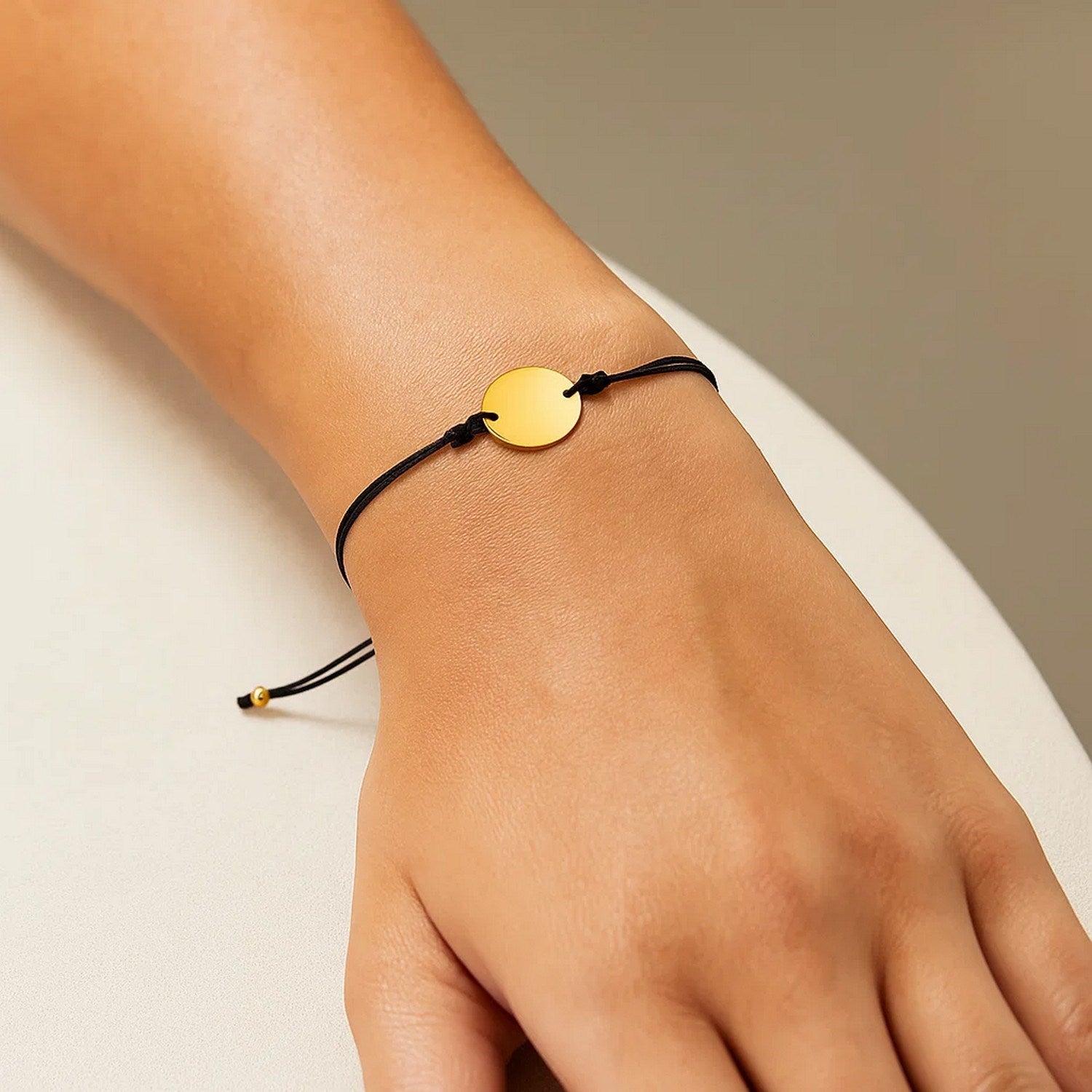9 1/4 inch Black Cord Adjustable Bracelet with 14k Yellow Gold Circle