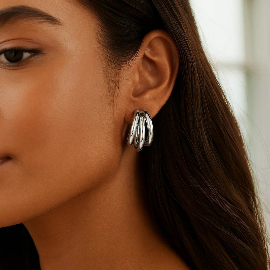 Sterling Silver Triple Barrelled Strand Hoop Earrings