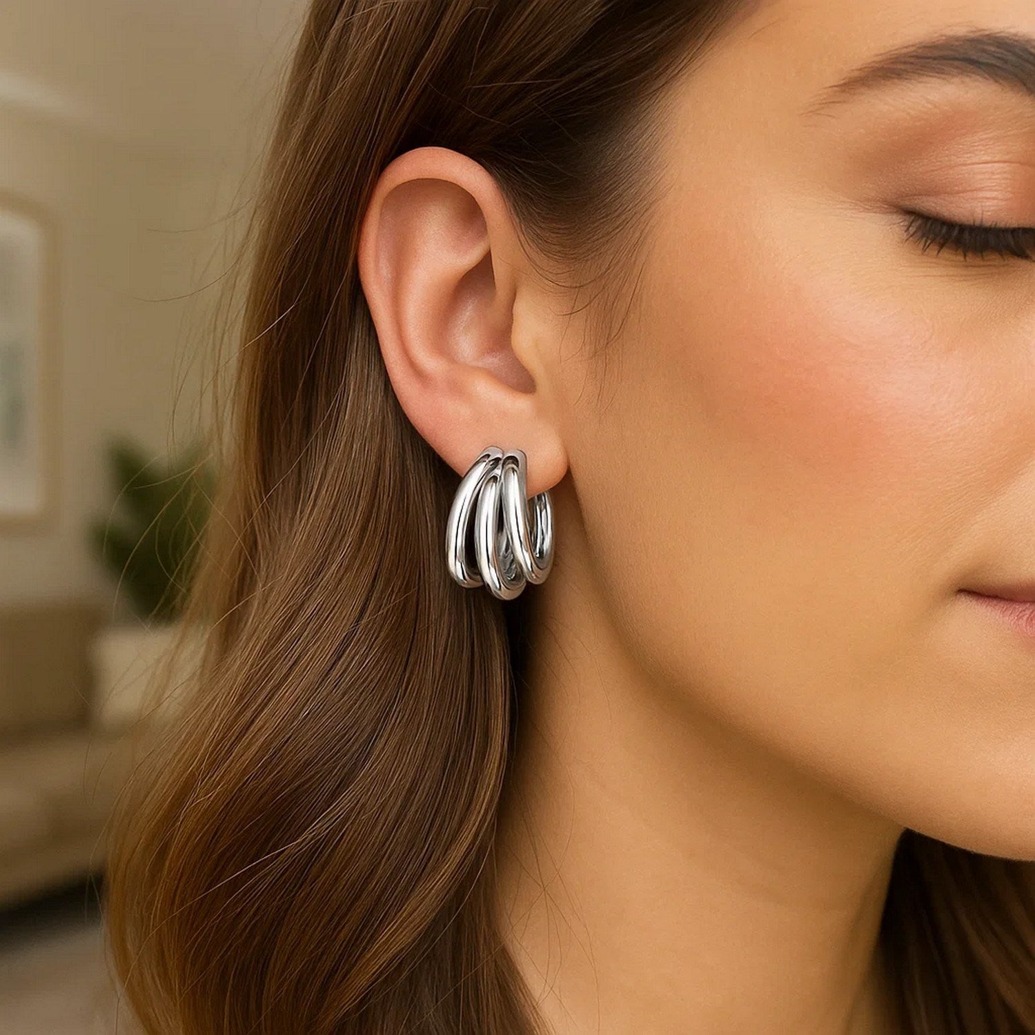 Sterling Silver Triple Barrelled Strand Hoop Earrings