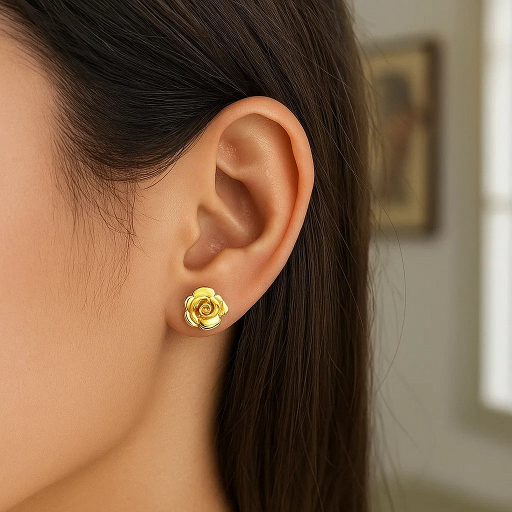 14k Yellow Gold Post Earrings with Roses(9.2mm)