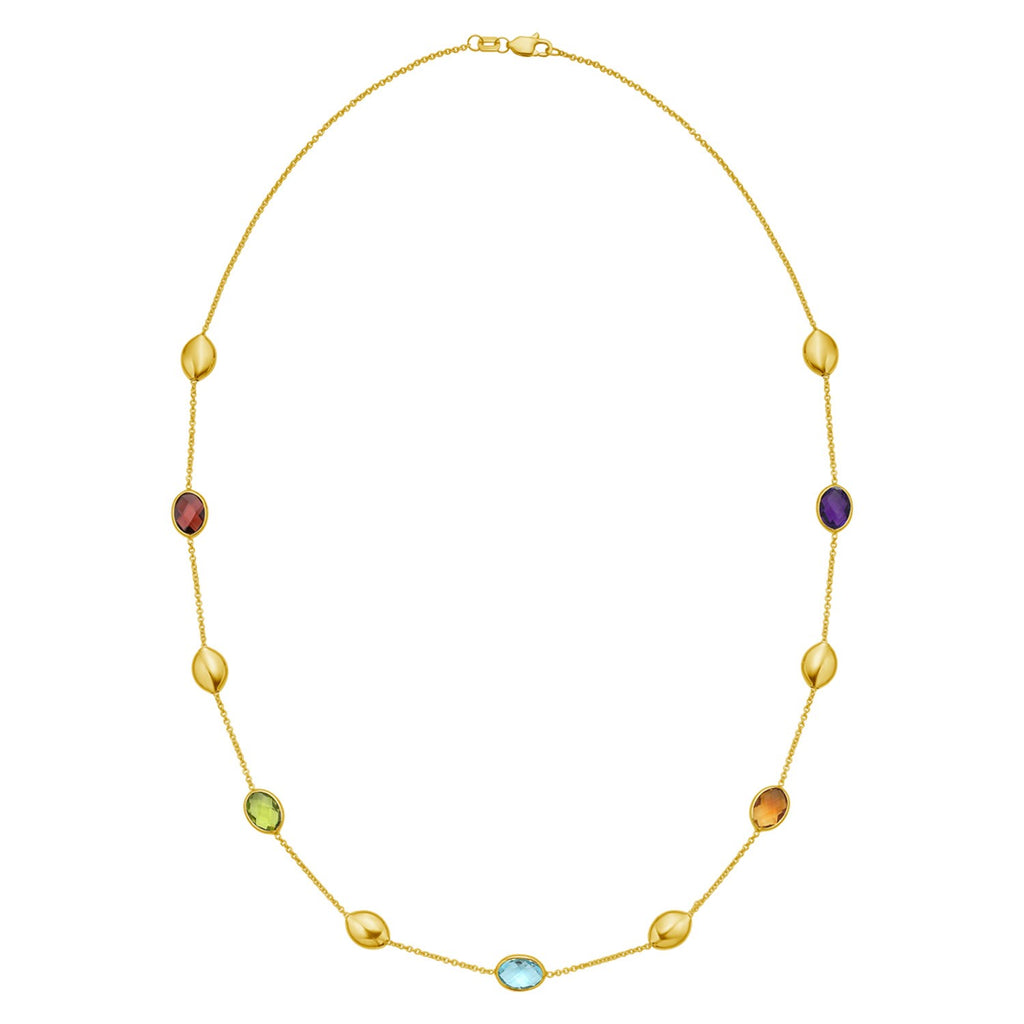 14K Yellow Gold Oval Gemstone and Bead Necklace