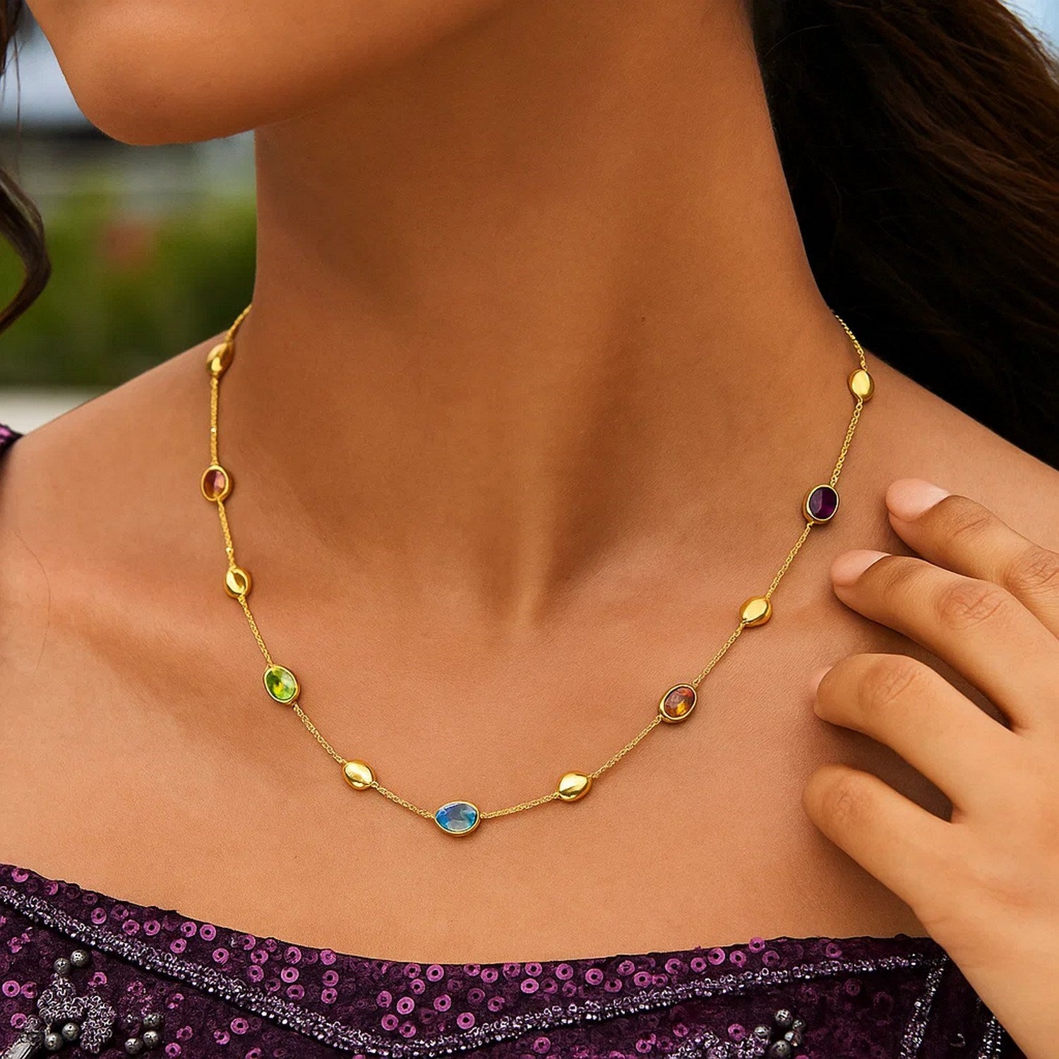14K Yellow Gold Oval Gemstone and Bead Necklace