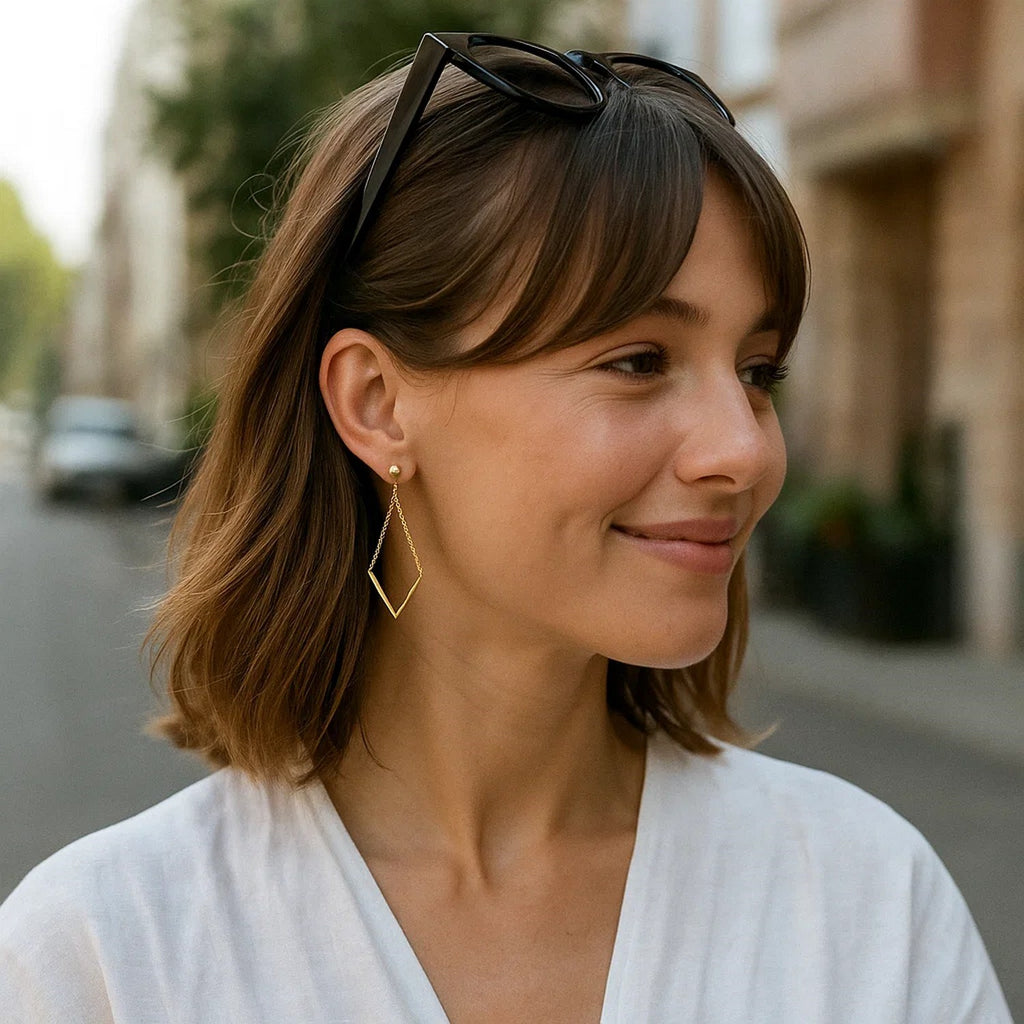 14k Yellow Gold Diamond Shape Chain Drop Earrings