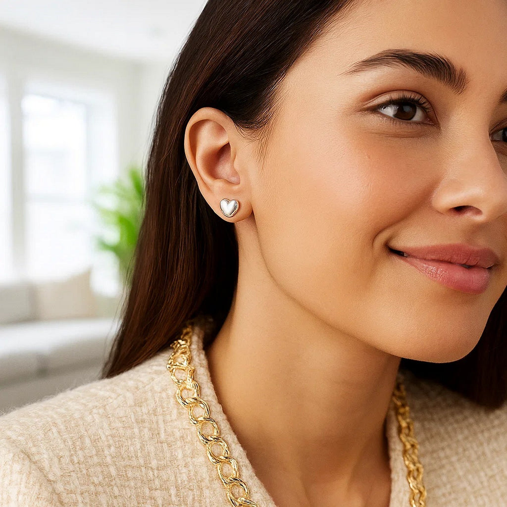 14k White Gold Puffed Heart Shape Shiny Earrings