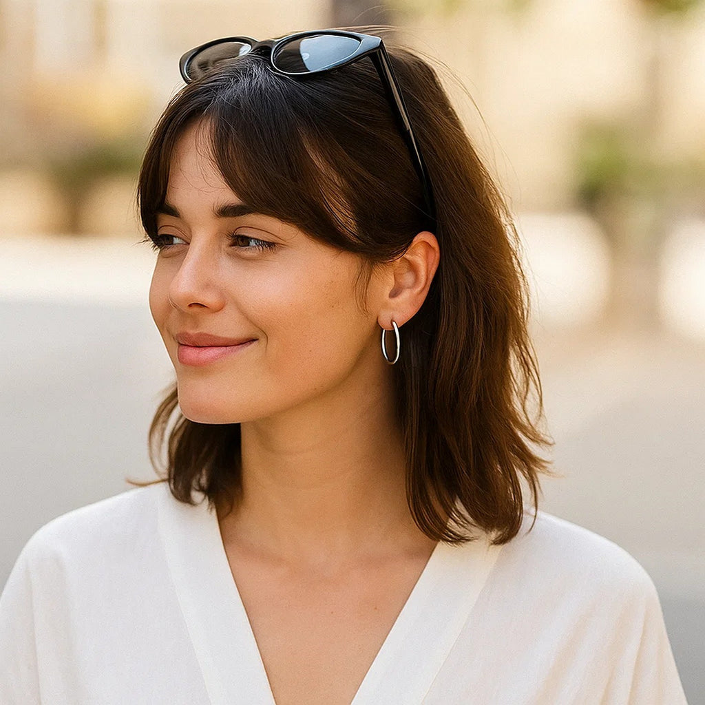 Sterling Silver Rhodium Plated Thin and Polished Hoop Motif Earrings (2x25mm)