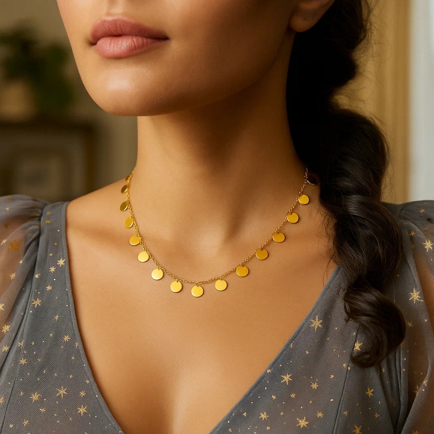 Choker Necklace with Polished Discs in 14k Yellow Gold