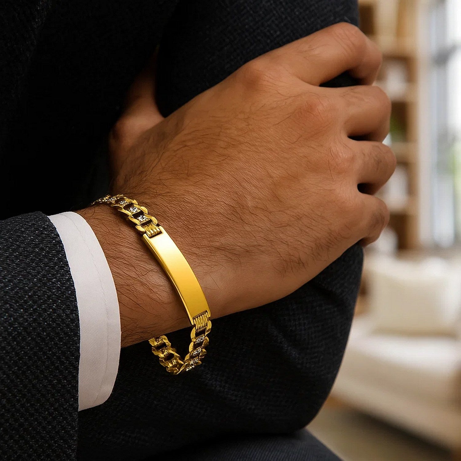 14k Two Tone Gold Mens Curb Chain ID Bracelet with White Pave (8.30 mm)