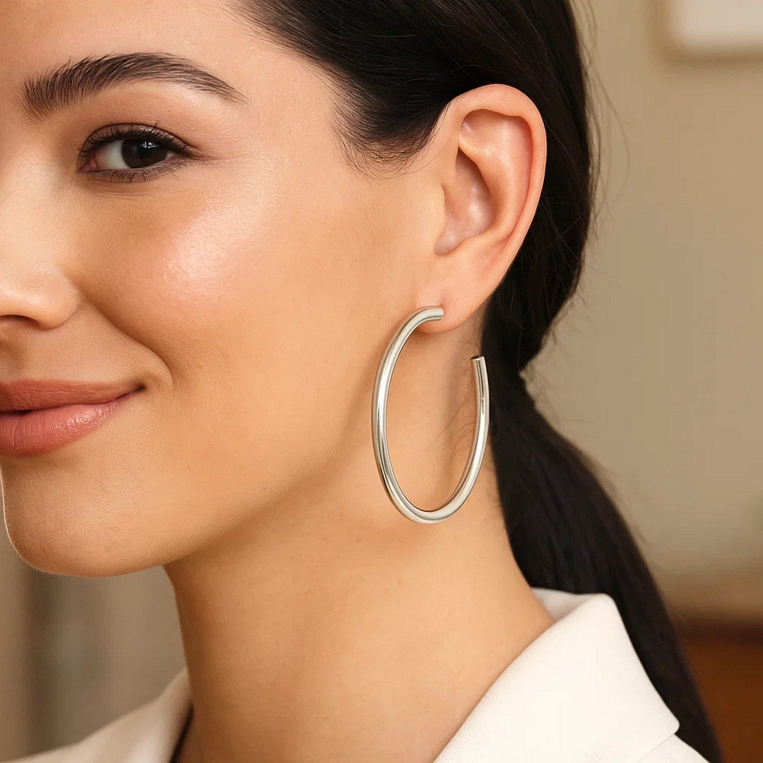 Sterling Silver Round Tube C Hoop Earrings