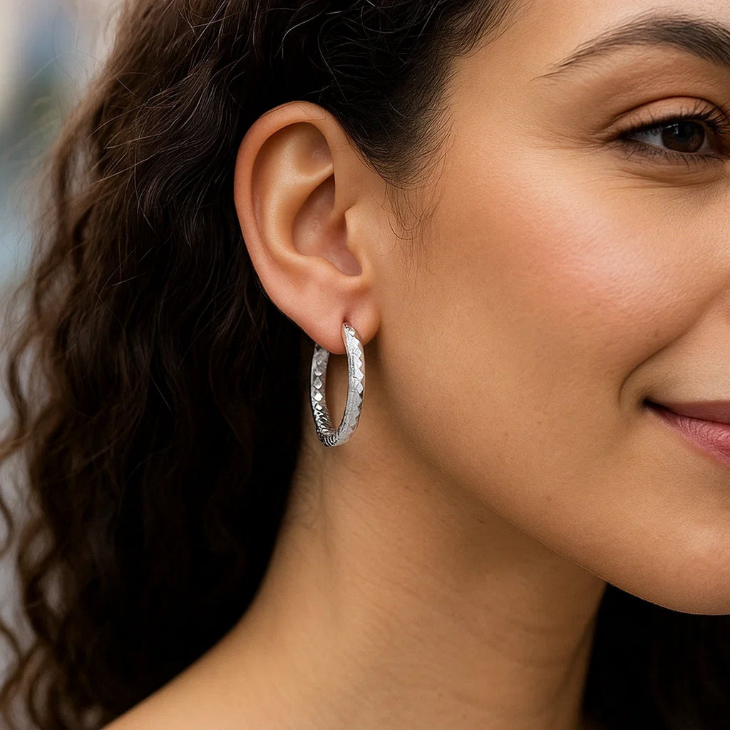 Sterling Silver Faceted Motif Large Hoop Earrings with Rhodium Plating(4x25mm)