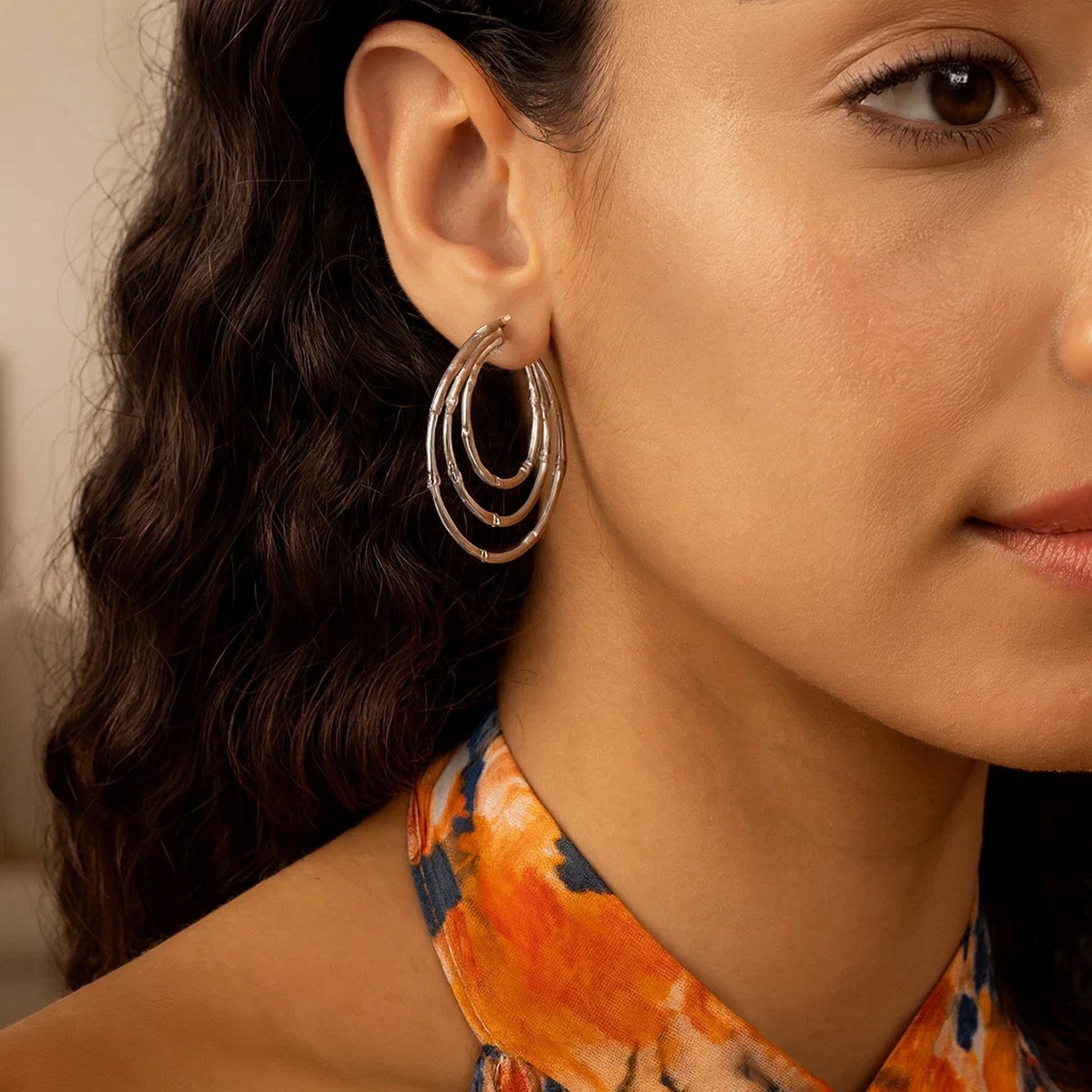 Sterling Silver Rhodium Plated Multi Row Bamboo Hoop Earrings