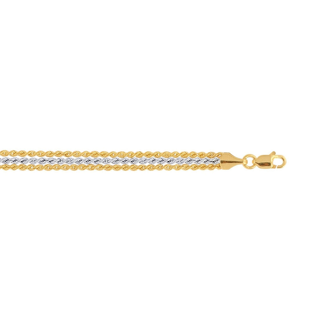 Triple Strand Rope Chain Bracelet in 10k Two Tone Gold (6.35 mm)