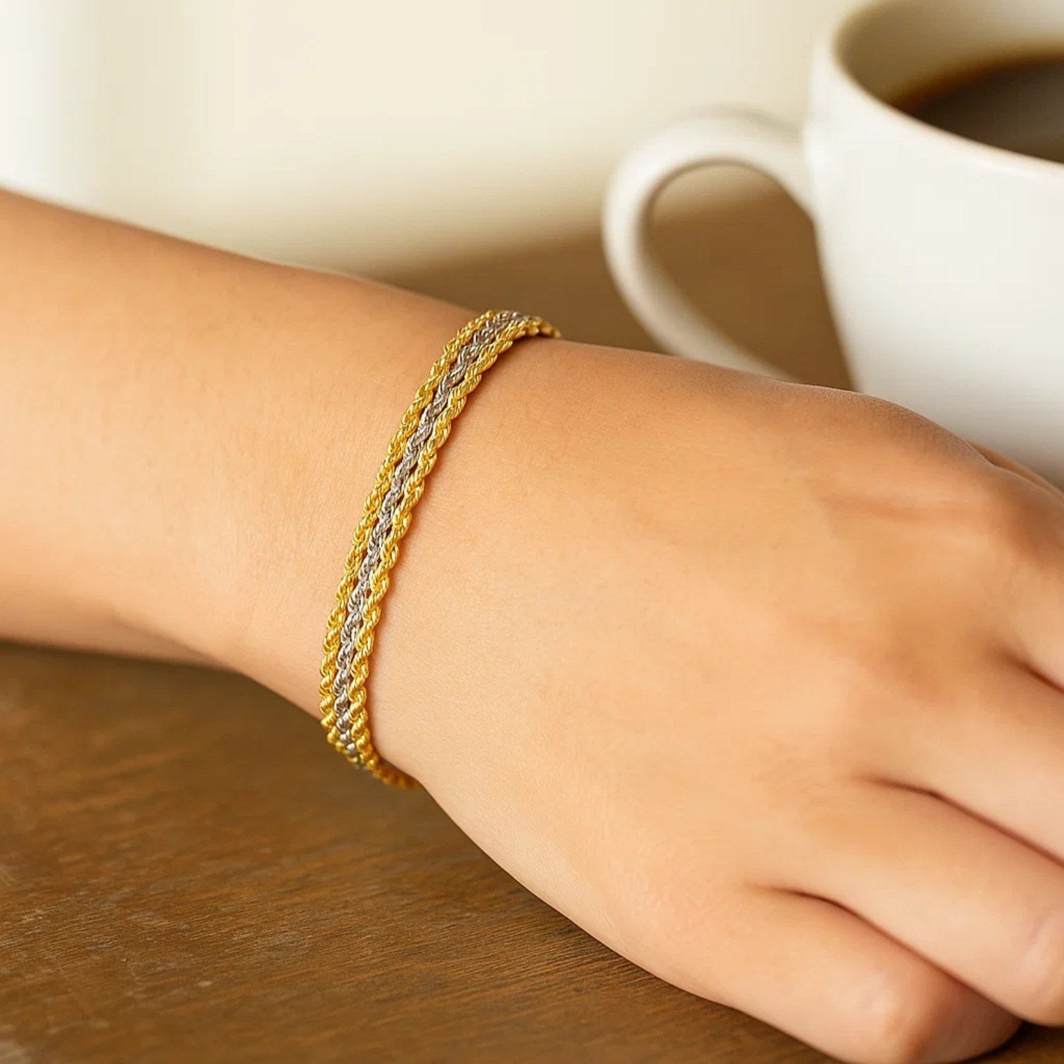 Triple Strand Rope Chain Bracelet in 10k Two Tone Gold (6.35 mm)