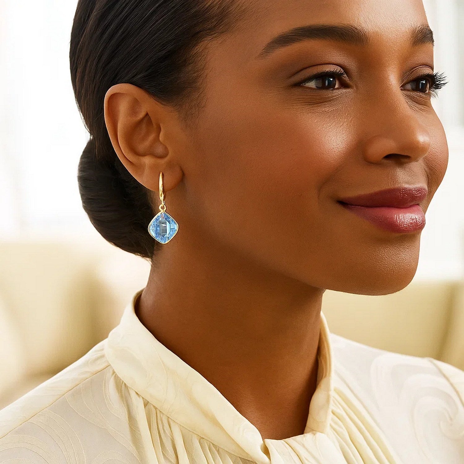 Drop Earrings with Blue Topaz Cushion Briolettes in 14k Yellow Gold