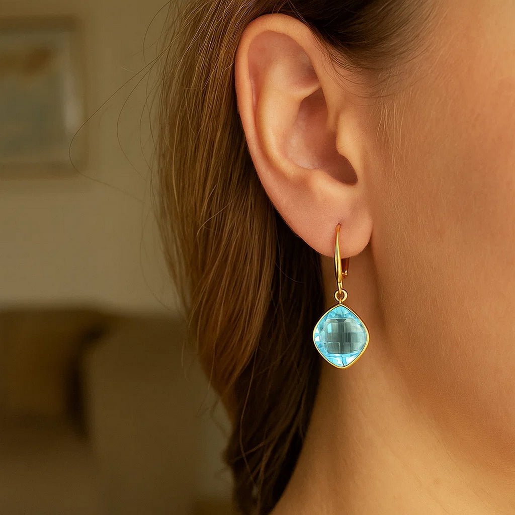 Drop Earrings with Blue Topaz Cushion Briolettes in 14k Yellow Gold